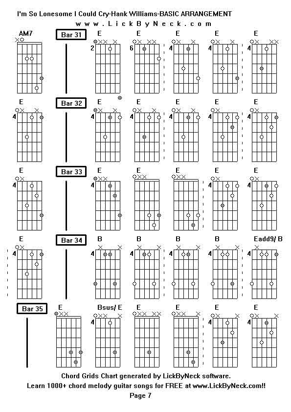 Chord Grids Chart of chord melody fingerstyle guitar song-I'm So Lonesome I Could Cry-Hank Williams-BASIC ARRANGEMENT,generated by LickByNeck software.